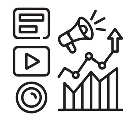 Digital Marketing and Analytics Line Icons Vector &ndash; Social Media, Video, Growth Chart and Promotion Outline Set