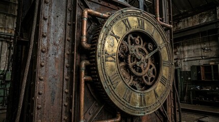 Obraz premium Spiral of ancient clocks in fiery time vortex concept. Close-up of an intricate vintage clock in an industrial setting.