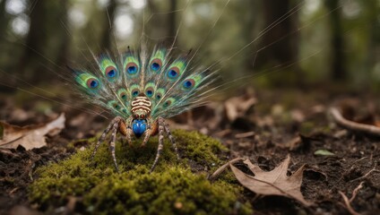 Peacock Spider Displaying Feathers in Forest.
