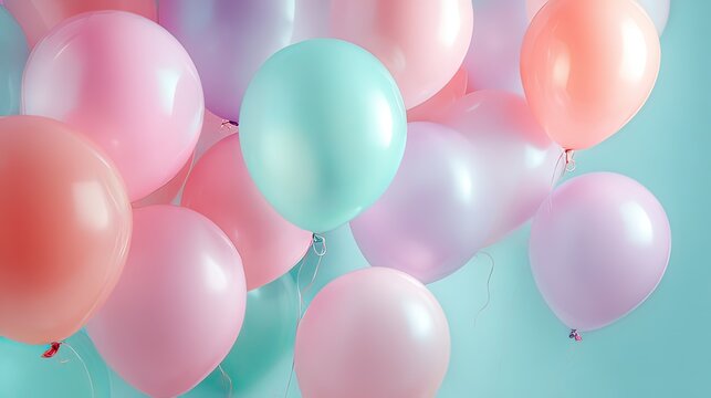 Vibrant pastel balloons floating against soft blue background