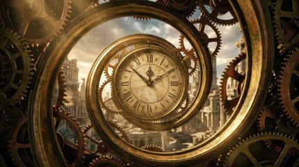 Obraz premium Spiral of ancient clocks in fiery time vortex concept. Intricate clockwork gears with a vintage clock at the center.