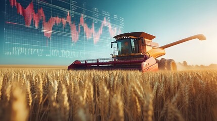 Yellow combine harvester in golden wheat field with stock market graph