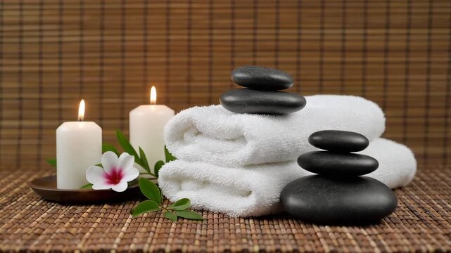 Tranquil spa scene with stacked stones and burning candles, perfect for a soothing wellness video