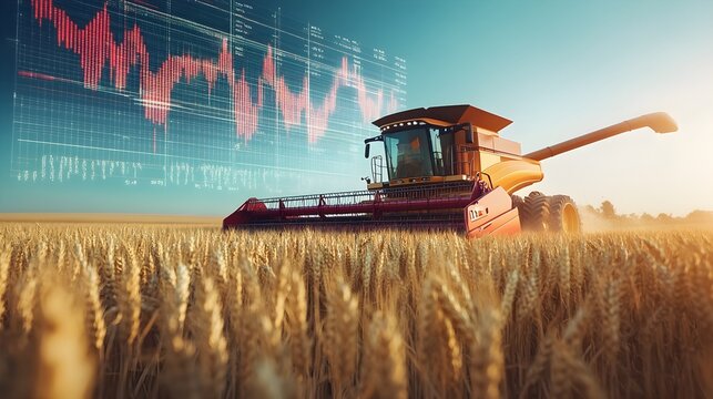 Yellow combine harvester in golden wheat field with stock market graph