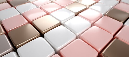 Fototapeta premium Abstract arrangement of glossy tiles in shades of pink, white, and gold on a flat surface