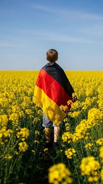 Young Caucasian boy with German flag cape celebrating national pride in yellow flower field