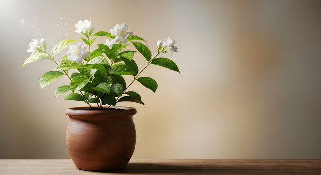 A serene potted plant with white flowers on a table