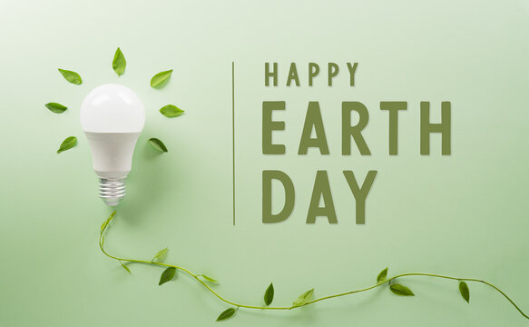 Green eco friendly concept made from light bulb and fresh leaves. Energy saving, ecology, earth day and environment sustainable resources conservation concept.