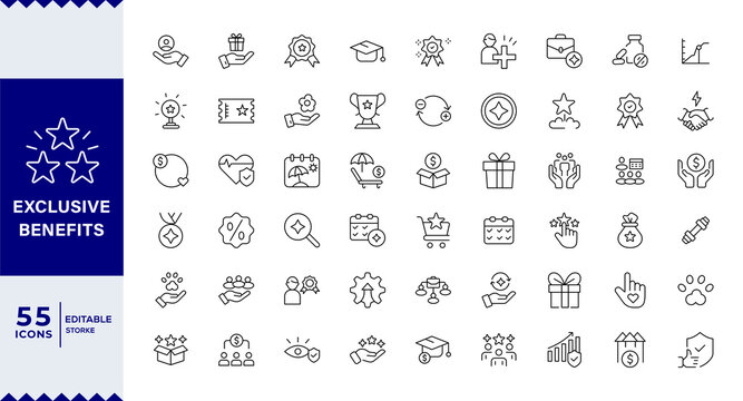 EXCLUSIVE BENEFITS LINE ICON SET, Pay raise, maternity rest, health and life insurance, paid vacation, Employee benefits line icon set. Maternity leave, paid leave, insurance,bonuses, Editable stroke.