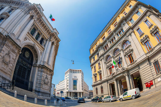 MILAN, ITALY: Facade of the Bank of Italy (Banca d'Italia), Old building of Poste e Telegrafi, Unicredit building located in Via Cordusio and Piazza Thomas Edison.