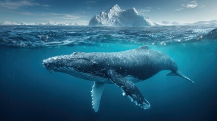Fototapeta premium Humpback whale swimming underwater near iceberg in clear ocean waters, scenic landscape background