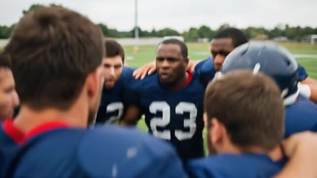 High School Football Team Huddle, Diverse Male Athletes Strategy Meeting, Outdoor Field