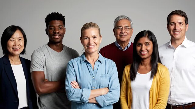 A diverse group of people in professional attire standing against a neutral background, smiling confidently, with some crossing arms, emphasizing unity and teamwork across various ethnicities and age
