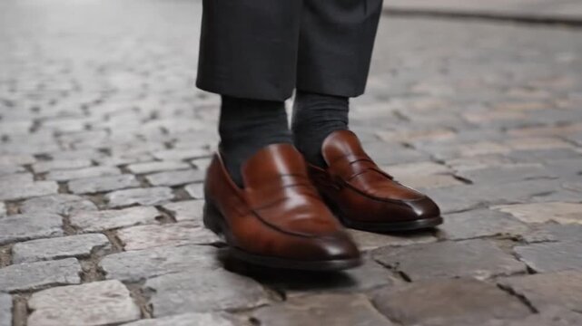 A person in dark gray pants and black socks is walking on cobblestone pavement, showcasing brown leather dress shoes during daytime, with no visible background activity.