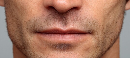 Obraz premium Close-up of male facial features with stubble and neutral expression against gray background
