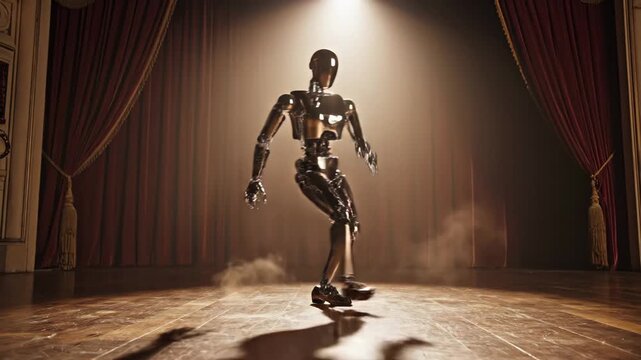 Dancing robot performs dynamic movements on stage, showcasing fluid motion and intricate design under dramatic lighting in a theatrical setting