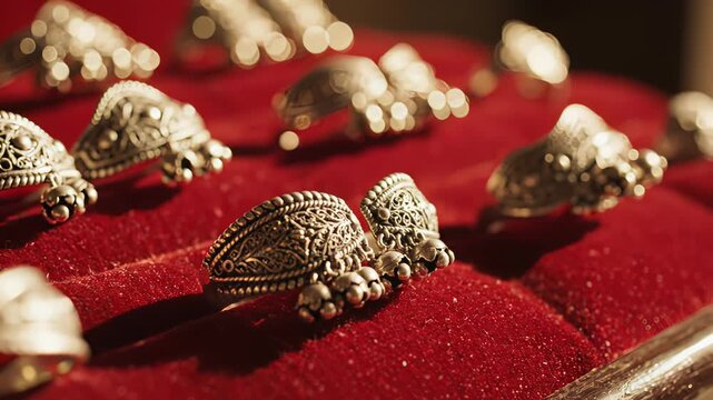 Close Up Of Silver Toe Rings With Intricate Patterns On A Red Velvet Display Stand Soft Lighting