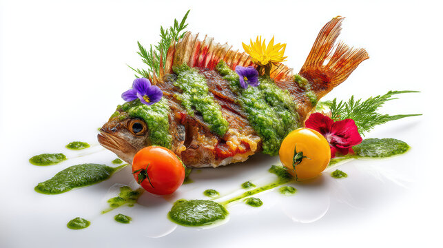 sea robin dish with tomato concasse and basil garnish