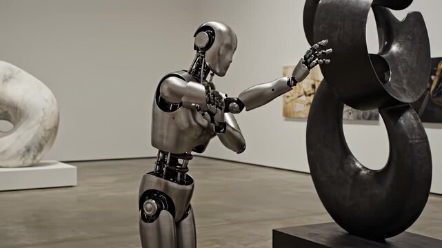 Silver humanoid robot dances gracefully in an art gallery, showcasing fluid movements near abstract sculptures and colorful glass art pieces