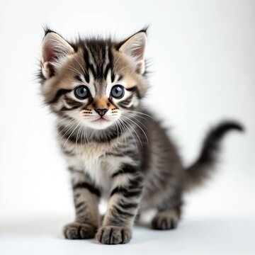 Cute striped kitten sits on white background. Small furry cat with big blue eyes, long whiskers, and fluffy tail looks curiously at camera. Adorable young pet posing indoors.
