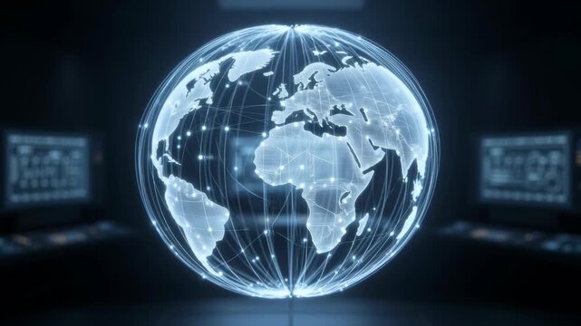 Rotating digital Earth globe displaying global network in futuristic control room