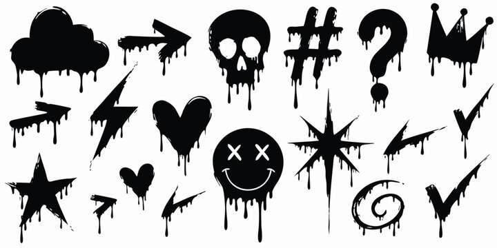 Urban graffiti spray paint element set. Street art icons with drips, splatters, and grunge texture. Set of arrow, cloud, skull, crown, star, lightning and heart. Graffiti icons with spray paint effect