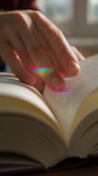 A hand delicately turning the page of an open book with a rainbow light reflection on a wooden table near a window