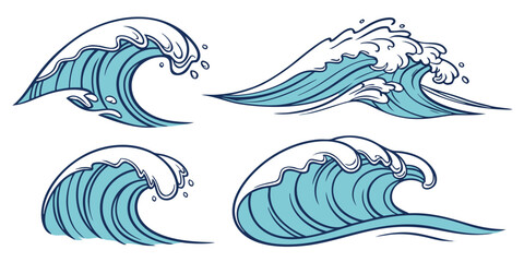 A dynamic, stylized illustration featuring four distinct, cresting ocean waves arranged in a 2x2 grid against a clean white background.