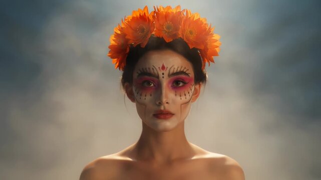Female model with floral crown and intricate face paint gazes directly at the camera, surrounded by misty atmosphere and soft lighting in a dramatic portrait setting