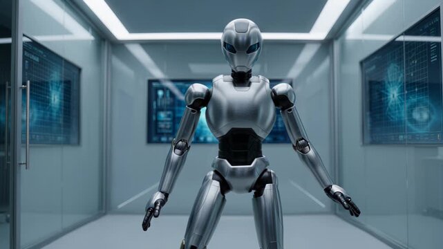 Dancing robot in a futuristic lab setting with sleek metallic design and illuminated screens, showcasing fluid movements and advanced technology in a high-tech environment