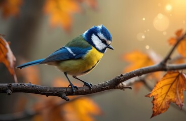 Fototapeta premium Small blue tit bird sits on rough tree branch. Autumn leaves fall around avian creature in soft light. Focus on feathered animal in natural outdoor environment.
