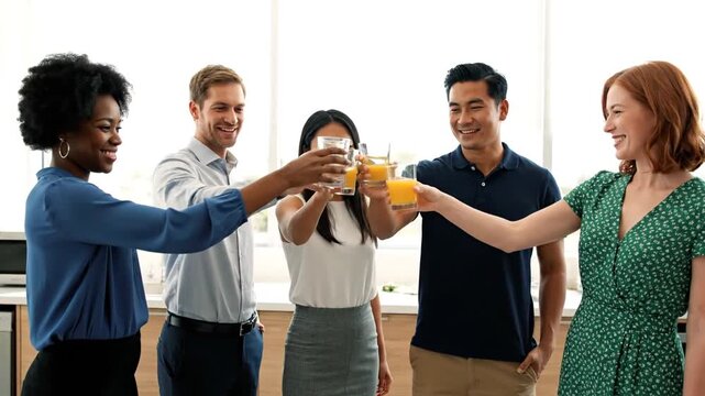 A diverse group of colleagues in an office toast with glasses of orange juice, smiling and enjoying a celebratory moment together.