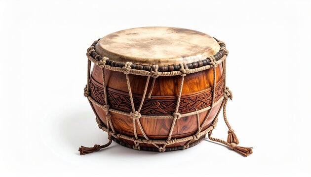 Traditional wooden drum with carvings and rope bindings on white background