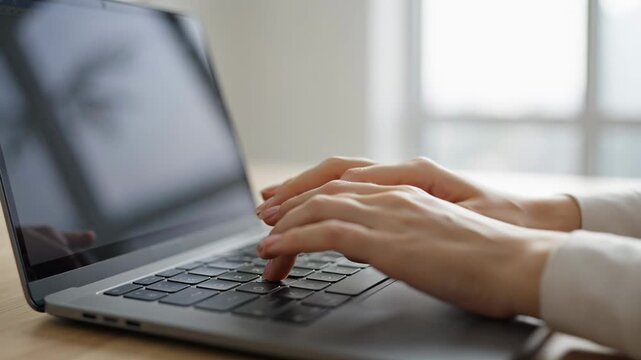 Female hands typing on a laptop keyboard with a blurred background, showcasing a modern workspace and natural light filtering through a window