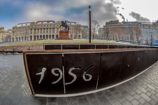 Budapest, Hungary-December 19, 2018: Near Parliament building, an underground memorial to those who were killed during the Hungarian revolution, October 25th 1956 Kossuth massacre, by the Soviet Army.