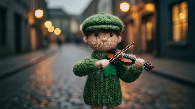Knitted St Patrick Day boy doll playing violin on wet street at dusk, capturing festive Irish folklore in a sequential video.