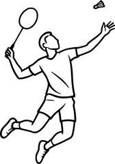 Professional outline vector of a badminton player, isolated on white; perfect for logo, poster, jersey print, branding, website graphics, and social media content.