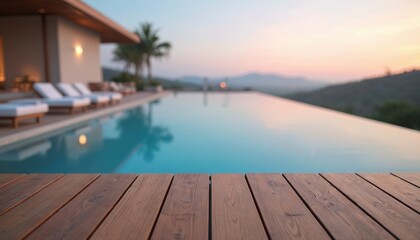 Fototapeta premium Empty wood deck overlooks infinity pool at resort during sunset. Lounge chairs wait by calm blue water with distant mountains on horizon. Peaceful vacation scene.