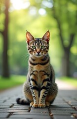 Obraz premium Tabby cat with green eyes sits on stone path in park. Feline looks forward with alert ears. Soft green trees and sunlight create blurred background.