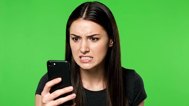 Disgusted and Frustrated Woman Reacting Negatively to Smartphone Content on Green Screen