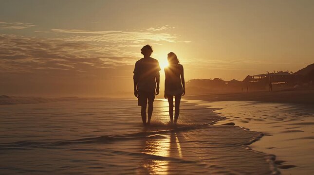 Couple Walking on Beach at Sunset, Slow Motion Video Footage