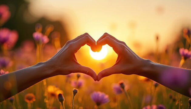 Hands form heart shape at sunset in flower field. Golden hour light shines through blossoms, sun flares. Peaceful scene, feeling of love and connection.