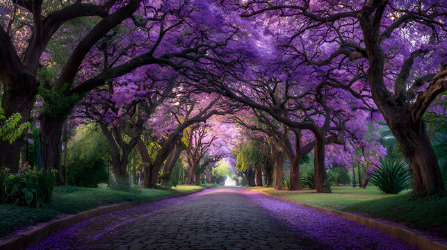 Cobblestone path leading through blooming jacaranda trees