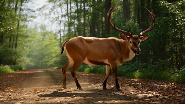 Male deer with large antlers walks through a forest path surrounded by trees and fallen leaves, showcasing natural wildlife in a serene woodland setting