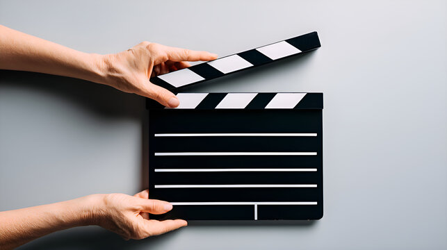 Hands holding film clapperboard starting movie production