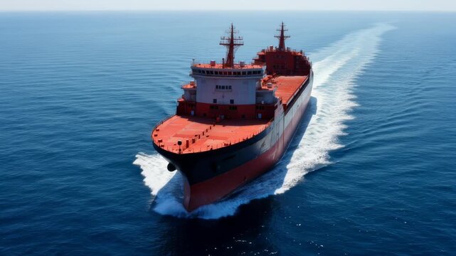 Aerial tracking shot of a large cargo ship navigating across a vast blue ocean