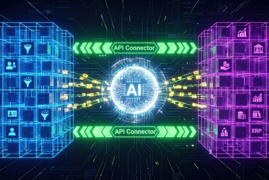 AI integrator linking CRM and ERP systems via seamless API connection