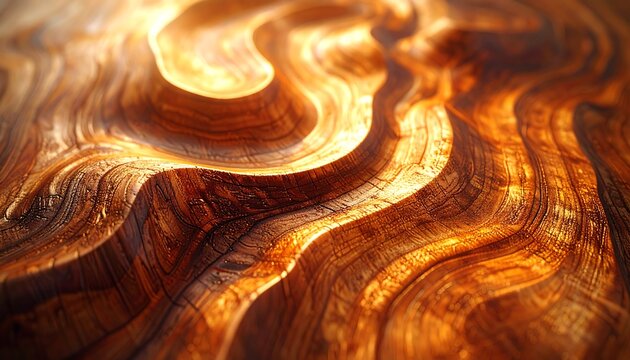 Close-up of undulating, polished wooden surface with swirling grain illuminated by warm, golden light. Textured and abstract