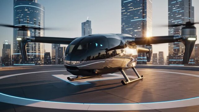 Futuristic passenger drone lands smoothly on a helipad in a modern city at sunset with tall glass skyscrapers in the background and warm golden light reflecting off the drone and buildings
