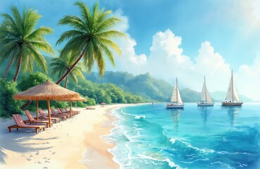Watercolor illustration of tropical beach with palm trees and lounge chairs. Sailboats glide on calm blue water under bright sunny sky. Green hills form backdrop to this serene coastal paradise scene.